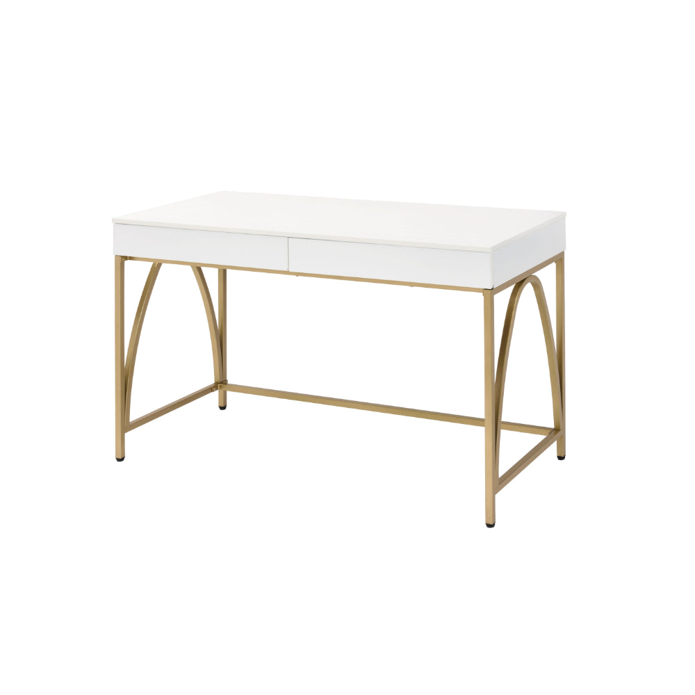 Rectangular Wooden Frame Desk with 2 Drawers and Metal Legs in White and Gold - BM211100