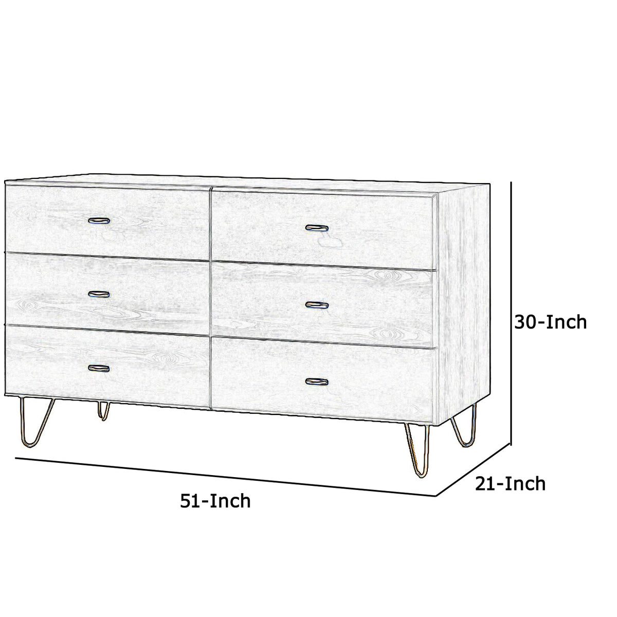 Wooden Dresser with 6 Drawers and Metal Hairpin Legs, Gray and Gold - BM211165