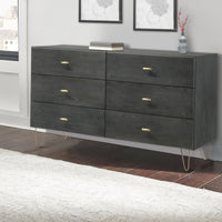 Wooden Dresser with 6 Drawers and Metal Hairpin Legs, Gray and Gold - BM211165