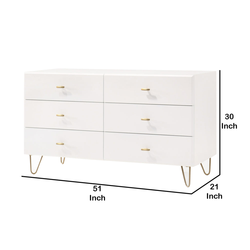 6 Drawer Wooden Dresser with Metal Hairpin Legs, White and Gold - BM211214