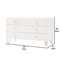 6 Drawer Wooden Dresser with Metal Hairpin Legs, White and Gold - BM211214