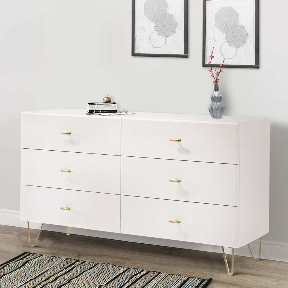 6 Drawer Wooden Dresser with Metal Hairpin Legs, White and Gold