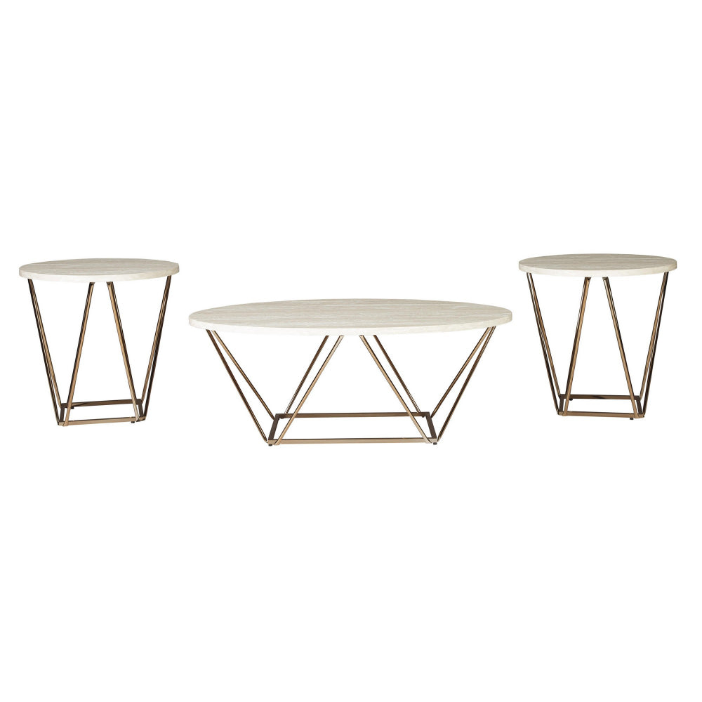 Faux Marble Table Set with 1 Coffee Table and 2 End Tables in White and Gold - BM213306