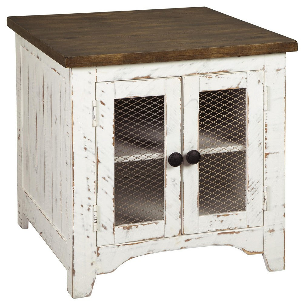 Two Tone Wooden End Table with Metal Grill Cabinet in Brown and White - BM213349