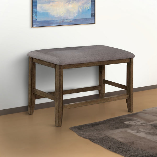 Counter Height Wooden Bench with Fabric Upholstered Seat, Brown and Gray - BM215456