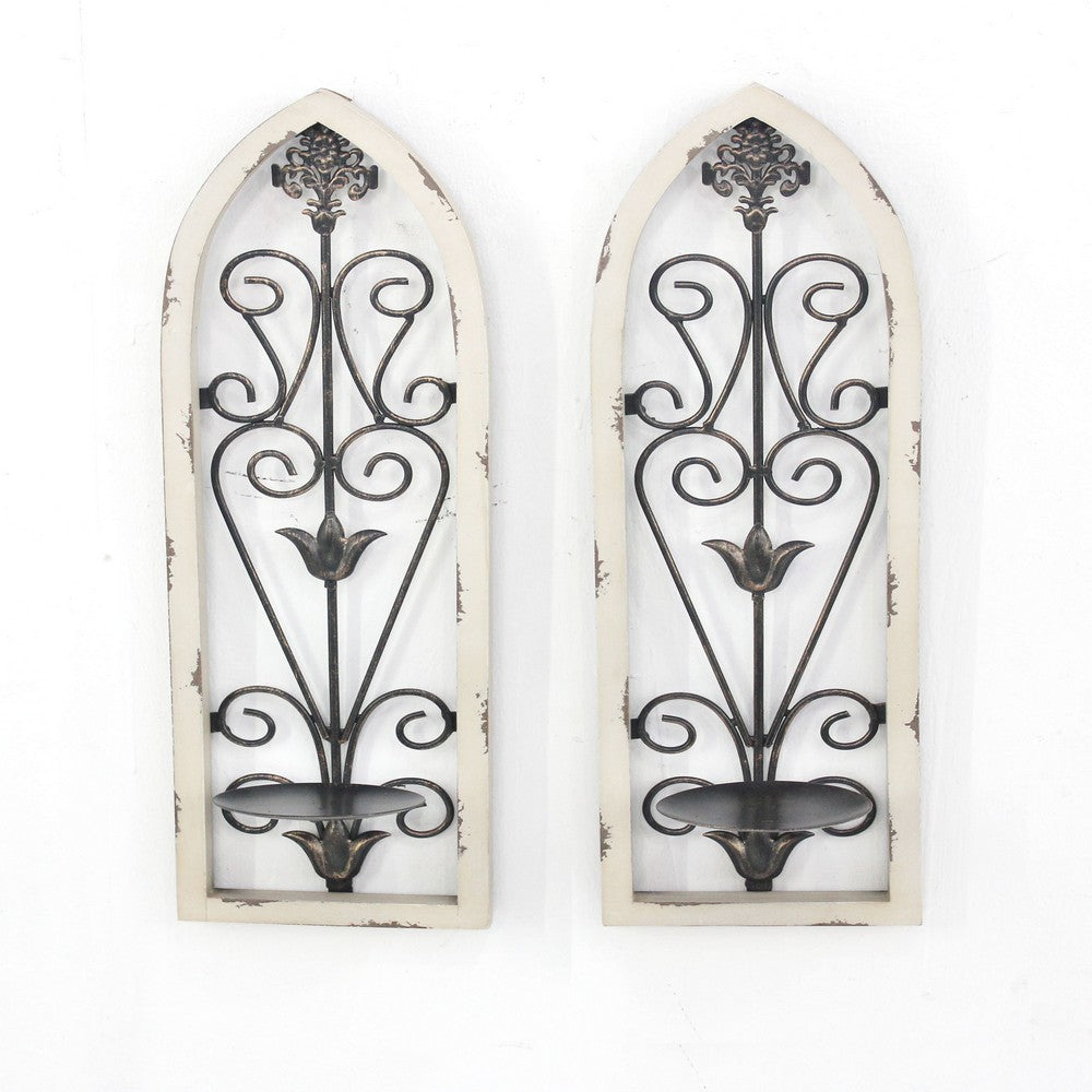 Arch Design Wooden Frame Candle Holder with Scrollwork, Set of 2, White - BM217256
