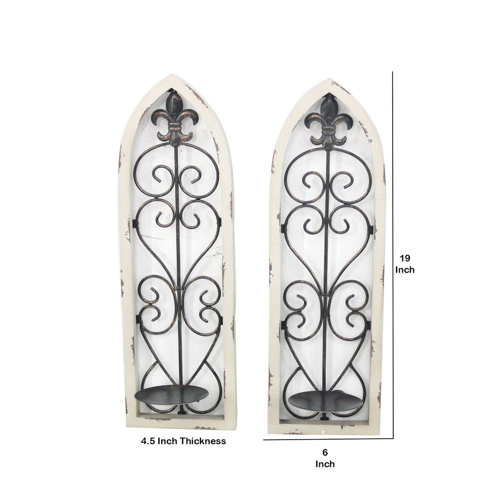 Arch Frame Candle Holder with Fleur De Lis and Finial Top, Set of 2,White - BM217257