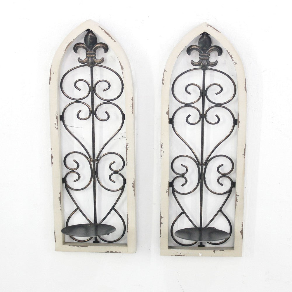 Arch Frame Candle Holder with Fleur De Lis and Finial Top, Set of 2,White - BM217257