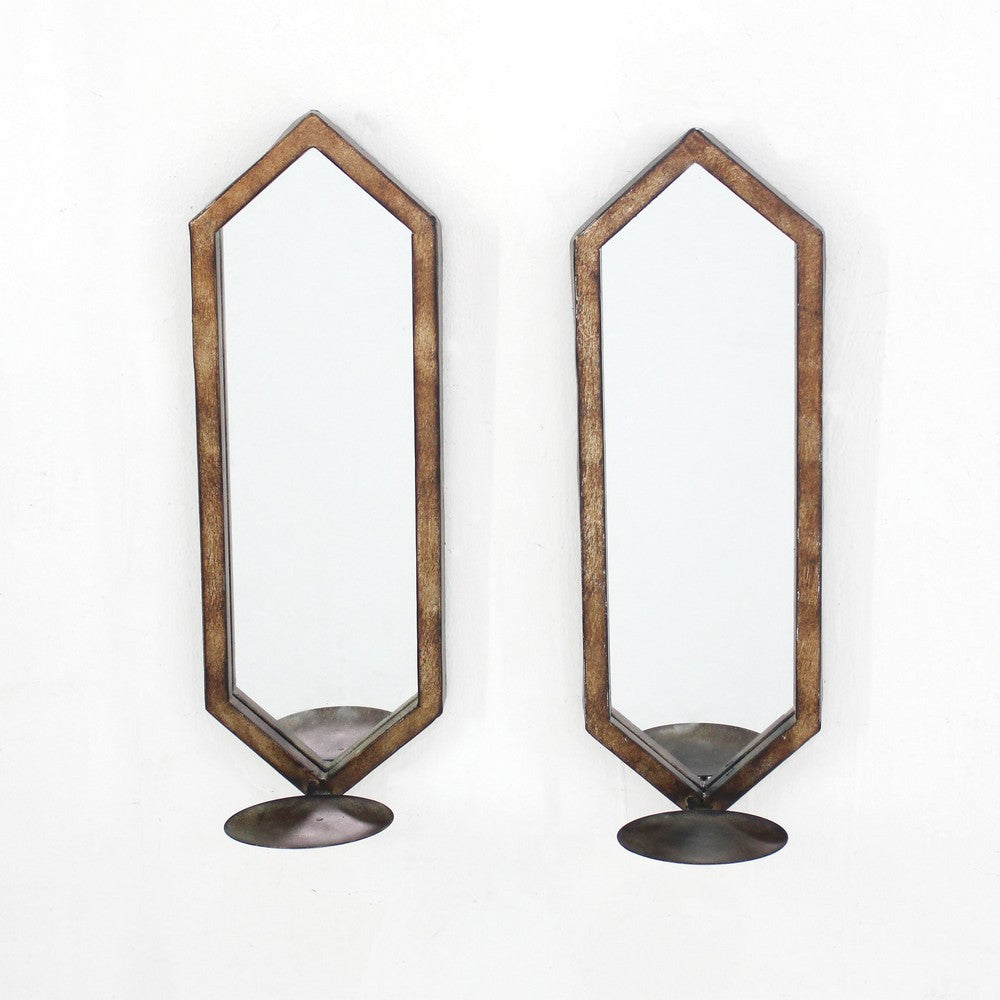Hexagonal Frame Candle Holder with Mirror Panel, Set of 2,Gold and Silver - BM217259