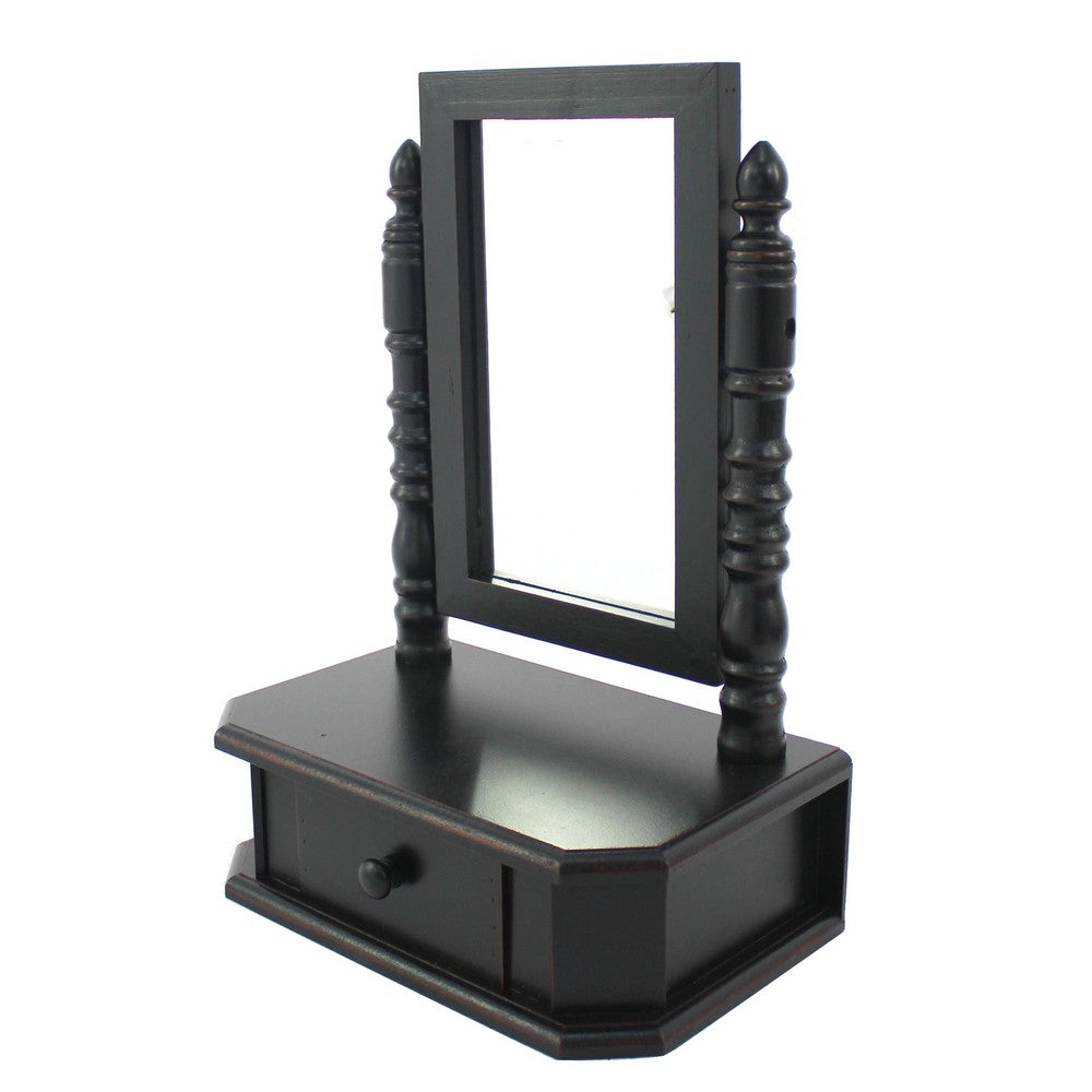 Traditional Wooden Table Mirror with 1 Drawer, Black and Silver - BM217290