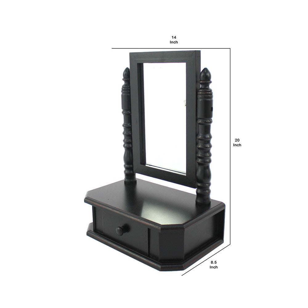 Traditional Wooden Table Mirror with 1 Drawer, Black and Silver - BM217290