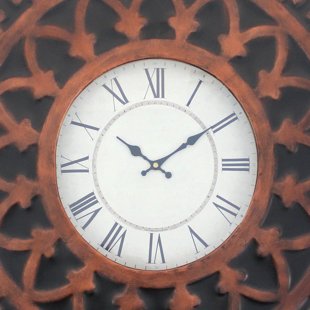 Baroque Design Metal Wall Clock with Roman Numerals, Brown and Black - BM218337