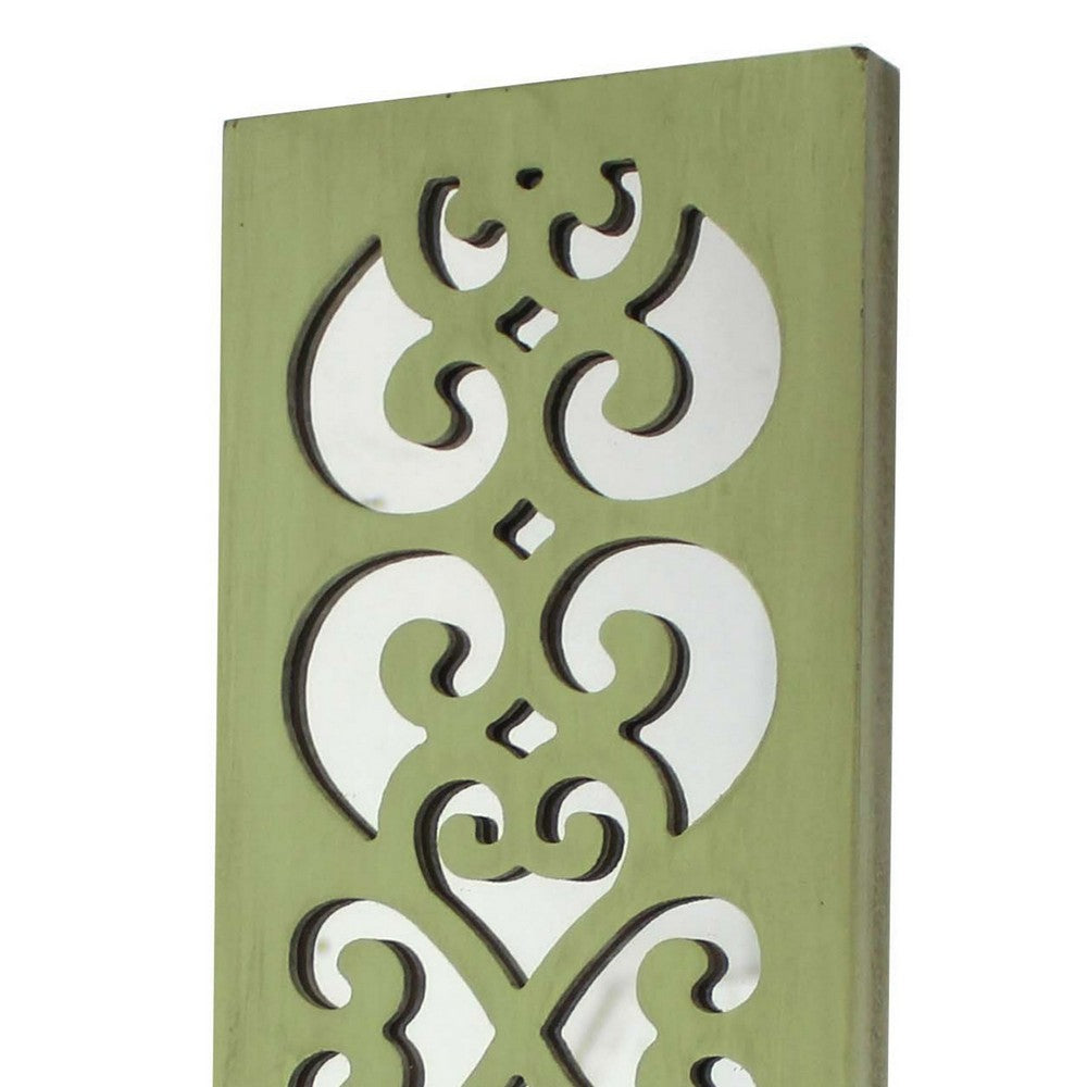 Quatrefoil Pattern Wooden Candle holder with Mirror Insert, Green - BM218402