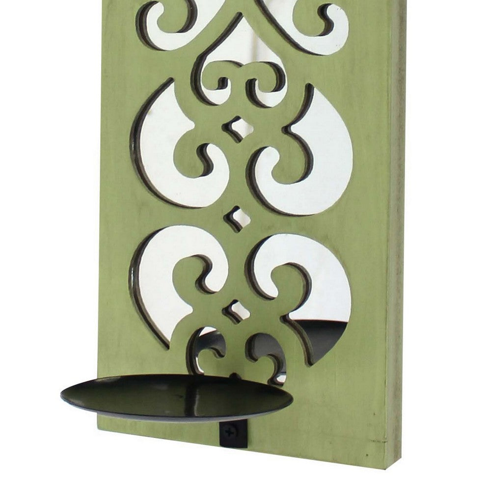 Quatrefoil Pattern Wooden Candle holder with Mirror Insert, Green - BM218402