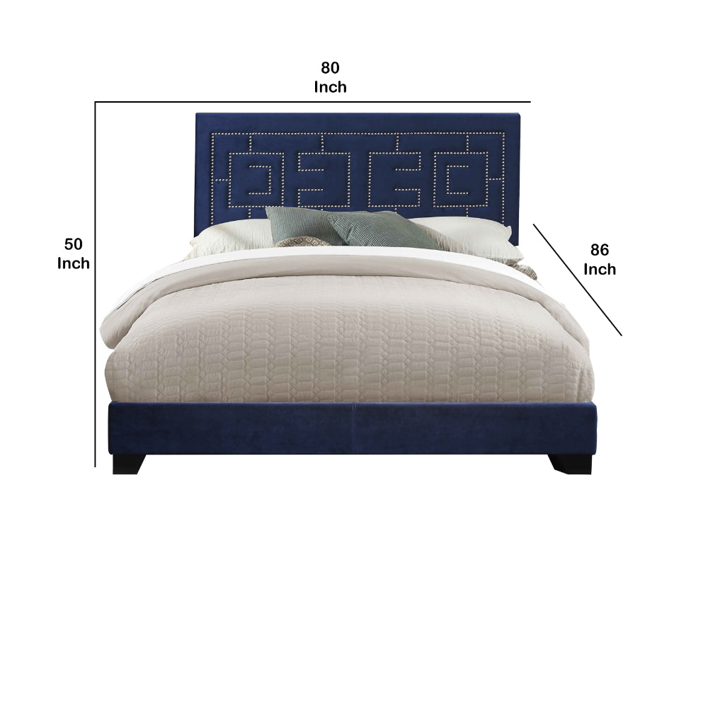 Fabric Eastern King Bed with Geometric Pattern Nailhead Trims, Blue - BM218459