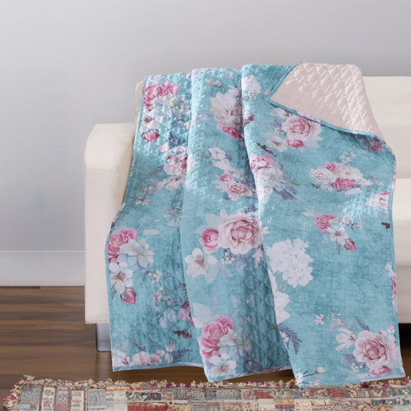 50 x 60 Inch Microfiber Throw Blanket, Floral Print, Blue, Pink, White - BM218731