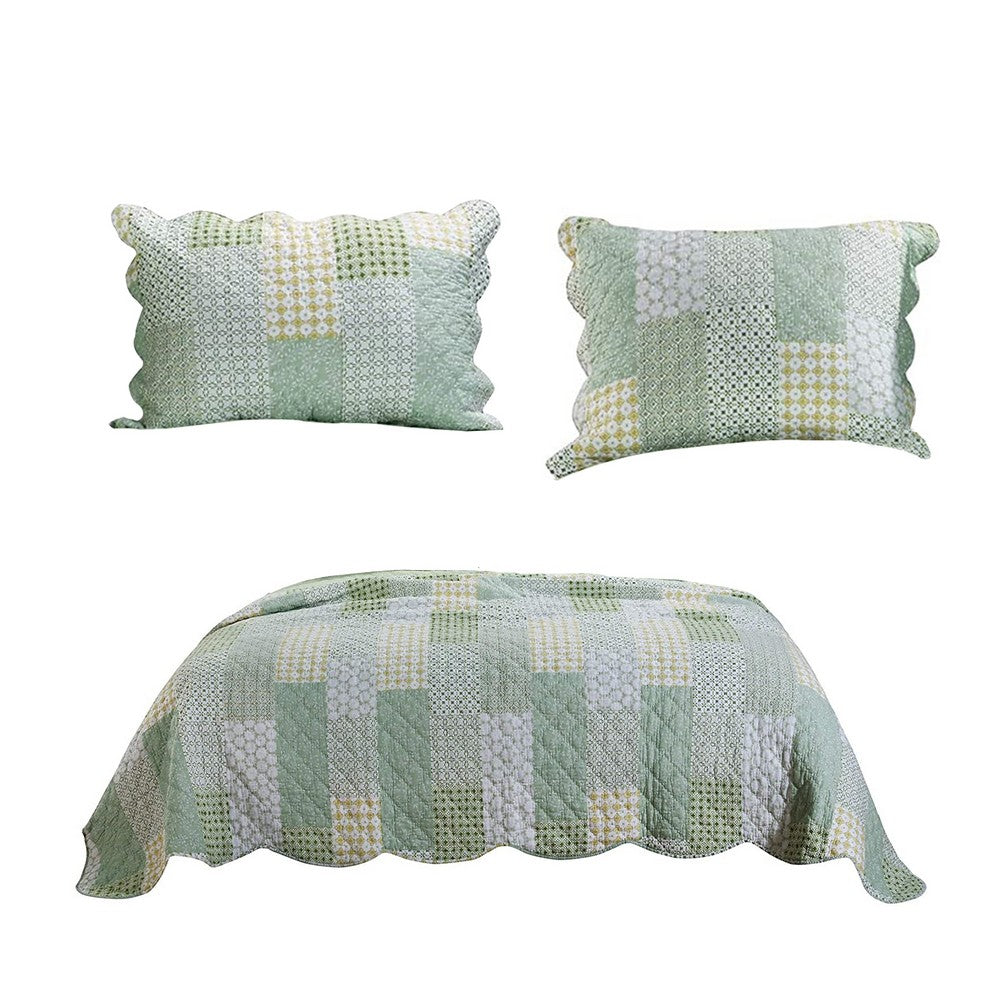 Reversible Fabric Queen Size Quilt Set with Geometric Pattern Motifs,Green - BM219434