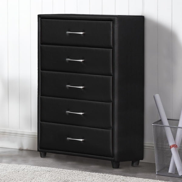 5 Drawer Leatherette Wooden Frame Chest with Tapered legs, Black - BM219899
