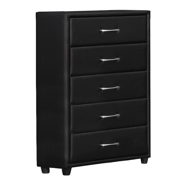 5 Drawer Leatherette Wooden Frame Chest with Tapered legs, Black - BM219899