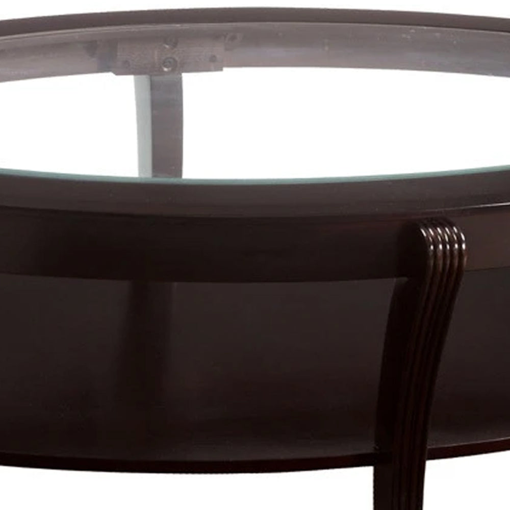 Oval Wooden Cocktail Table with Glass Insert and Open Shelf, Espresso Brown - BM219905
