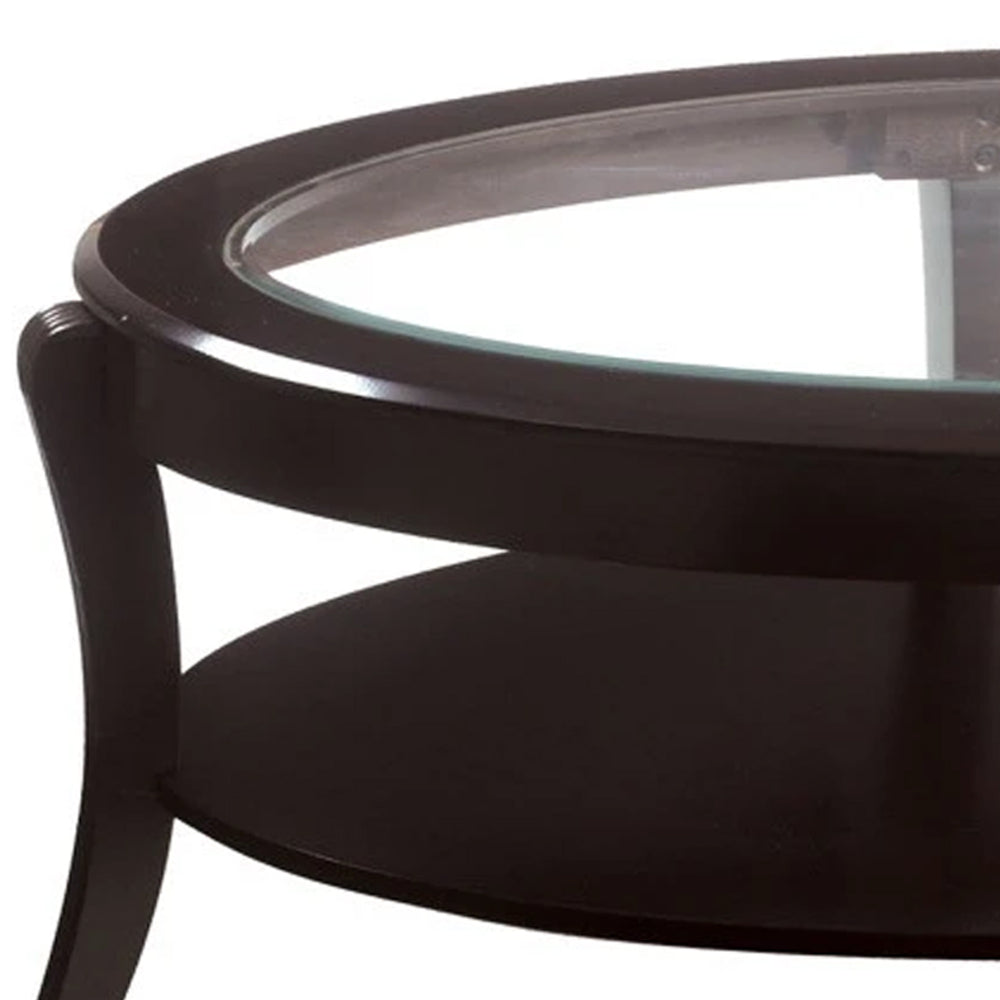 Oval Wooden Cocktail Table with Glass Insert and Open Shelf, Espresso Brown - BM219905