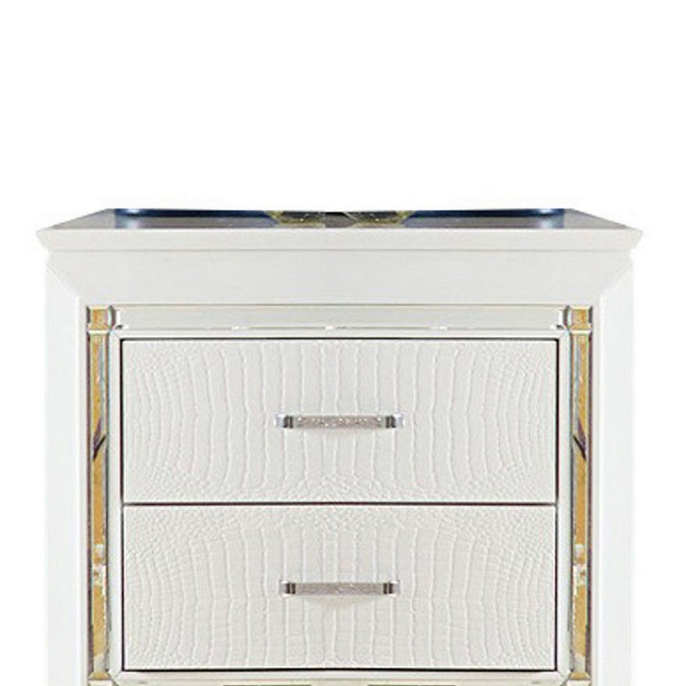 Contemporary Wooden Nightstand with 2 drawers and LED Lighting, White - BM219986
