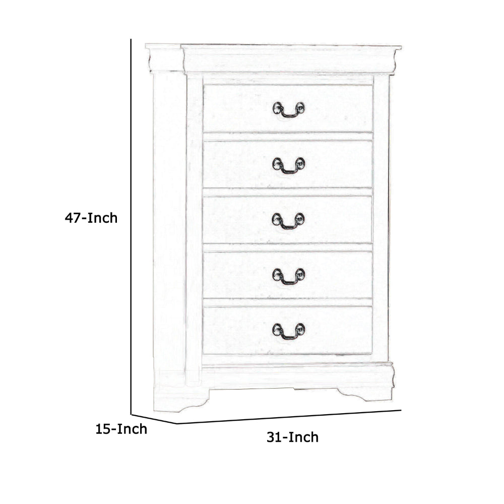 5 Drawer Wooden Chest with Metal Hanging Pulls and Bracket Feet, White - BM220335