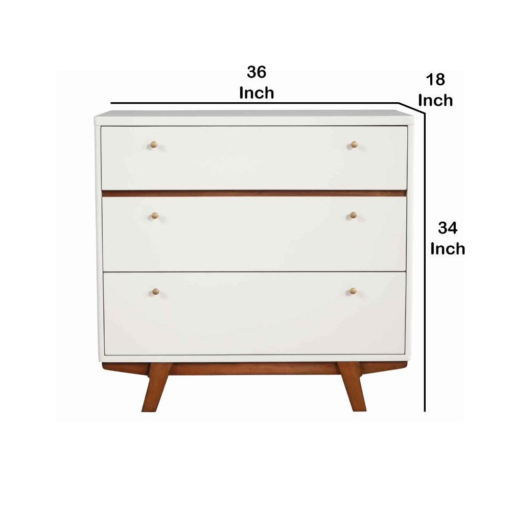 3 Drawer Wood Chest with Round Pulls and Angled Legs, Small,White and Brown - BM220498