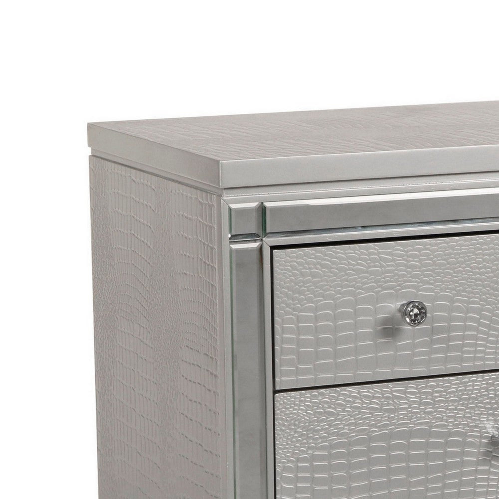 3 Drawer Wooden Nightstand with Mirror Accents and Faux Crystal Pulls, Gray - BM223289