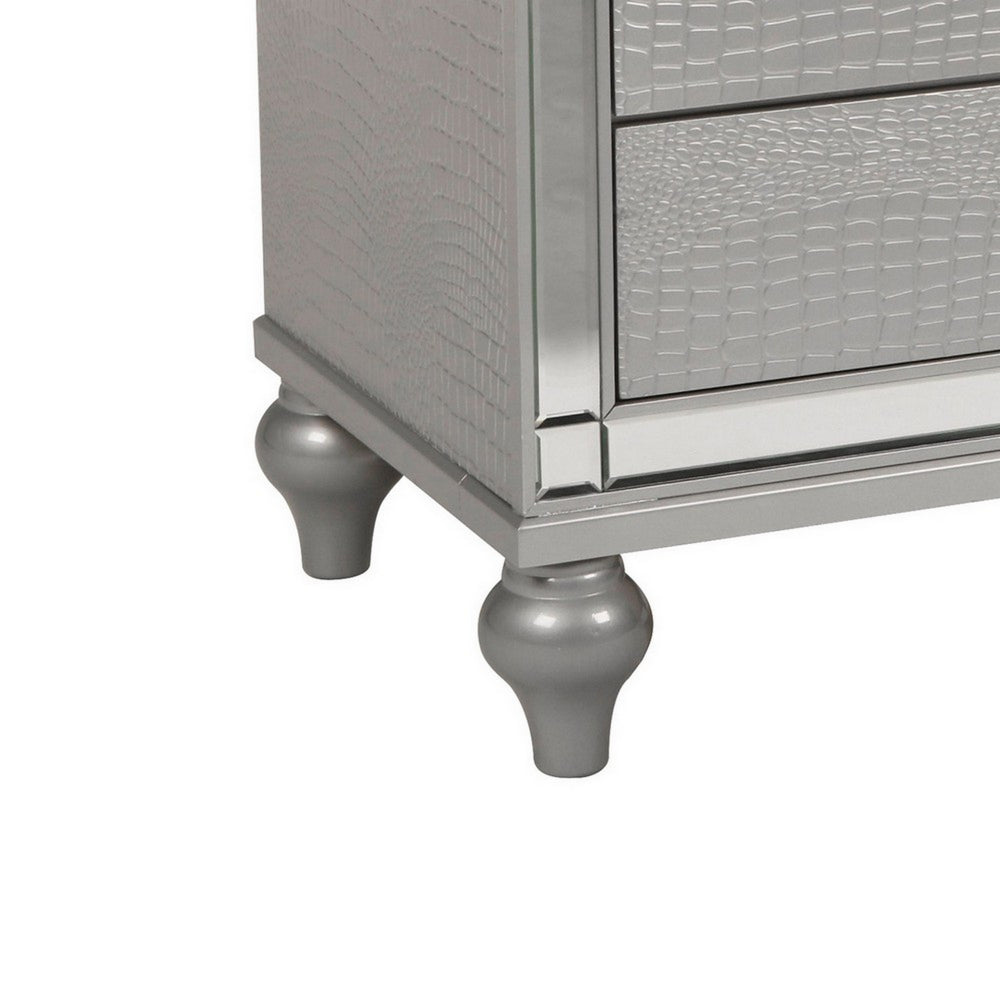 3 Drawer Wooden Nightstand with Mirror Accents and Faux Crystal Pulls, Gray - BM223289