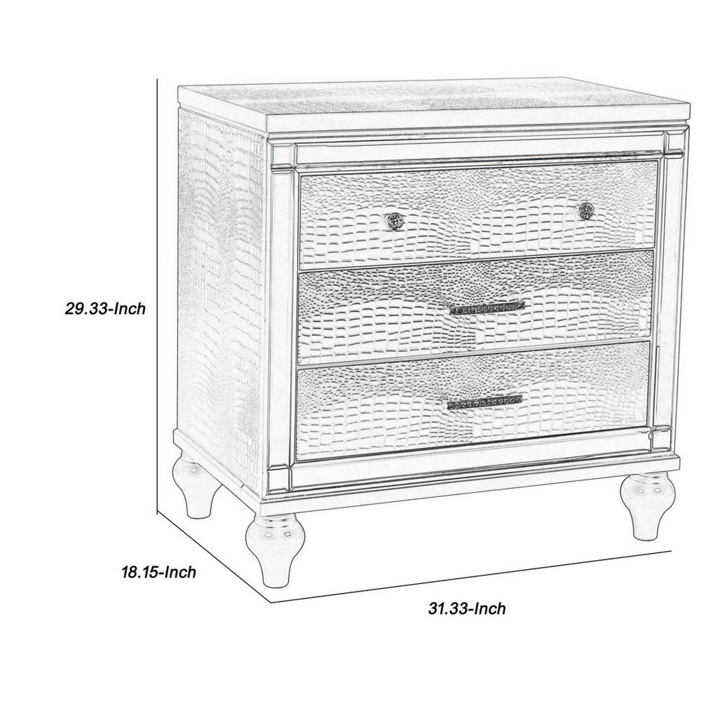 3 Drawer Wooden Nightstand with Mirror Accents and Faux Crystal Pulls, Gray - BM223289
