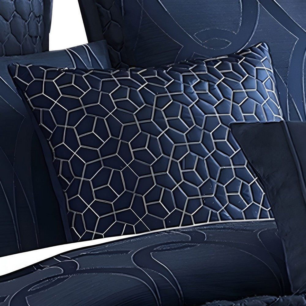 10 Piece King Polyester Comforter Set with Geometric Oblong Print, Dark Blue - BM225145