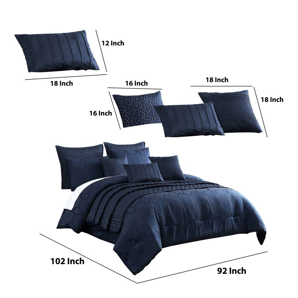 10 Piece King Polyester Comforter Set with Geometric Oblong Print, Dark Blue - BM225145