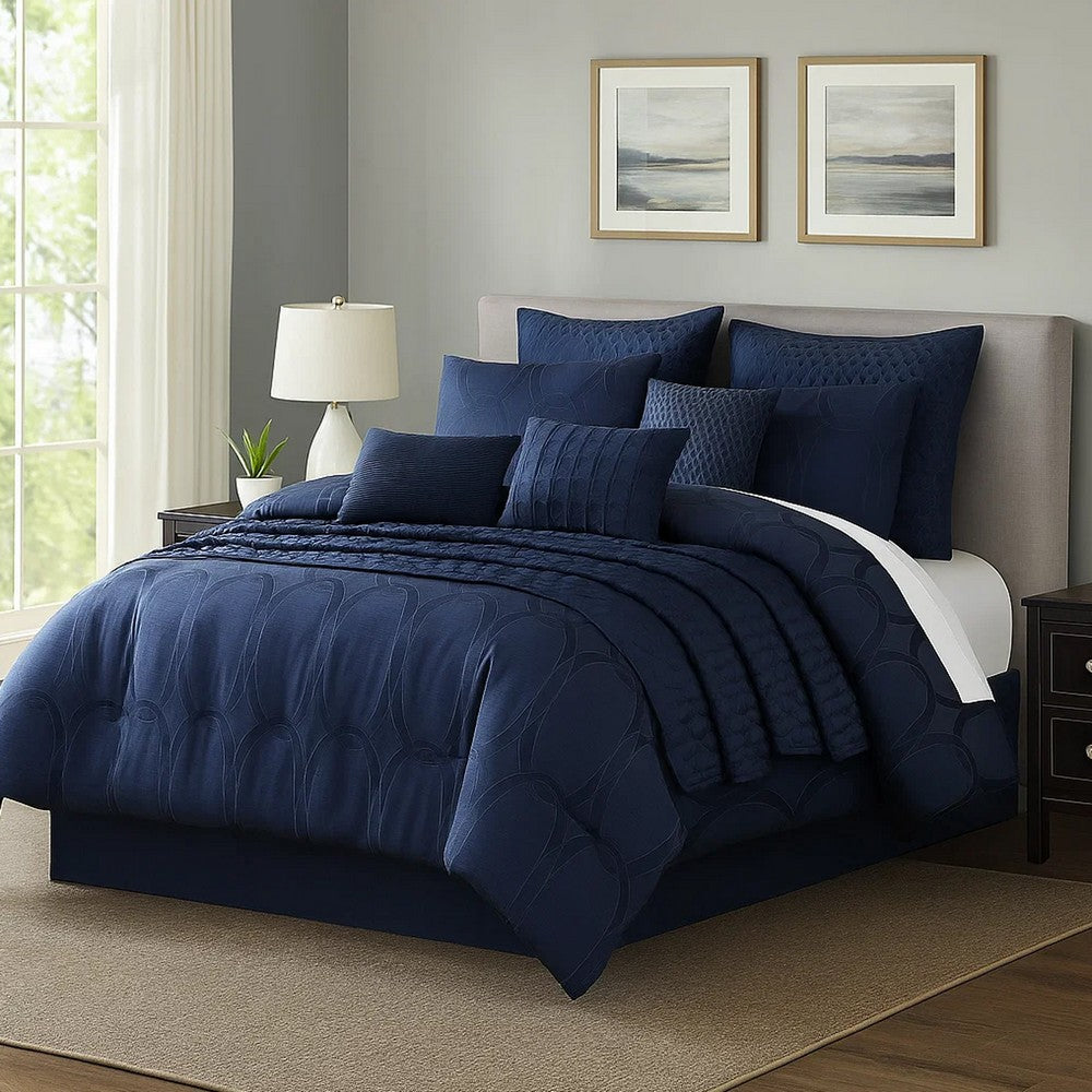 10 Piece King Polyester Comforter Set with Geometric Oblong Print, Dark Blue - BM225145