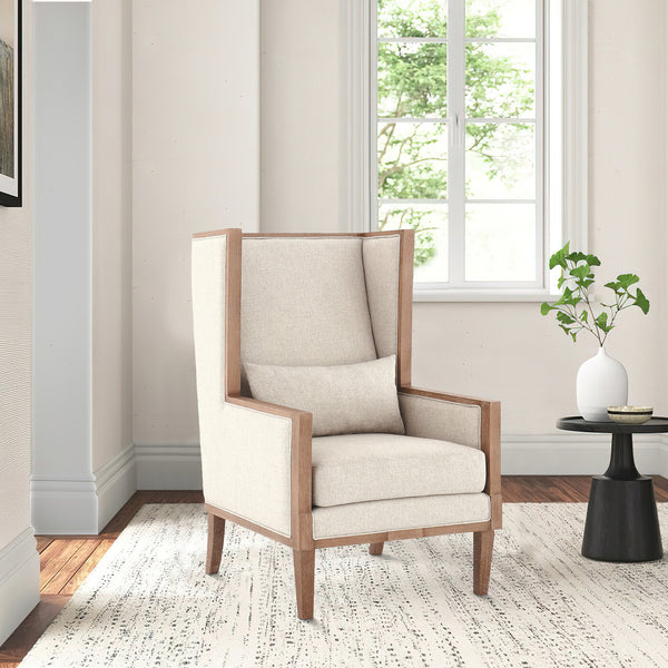 Wooden Frame Accent Chair with High Wingback and Track Arms,Beige and Brown - BM226162