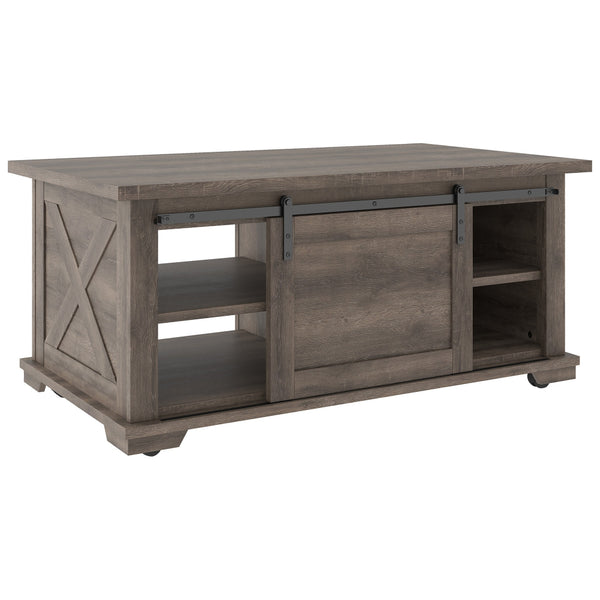 Panel Design Wooden Cocktail Table with Barn Sliding Door and Casters,Brown - BM226539