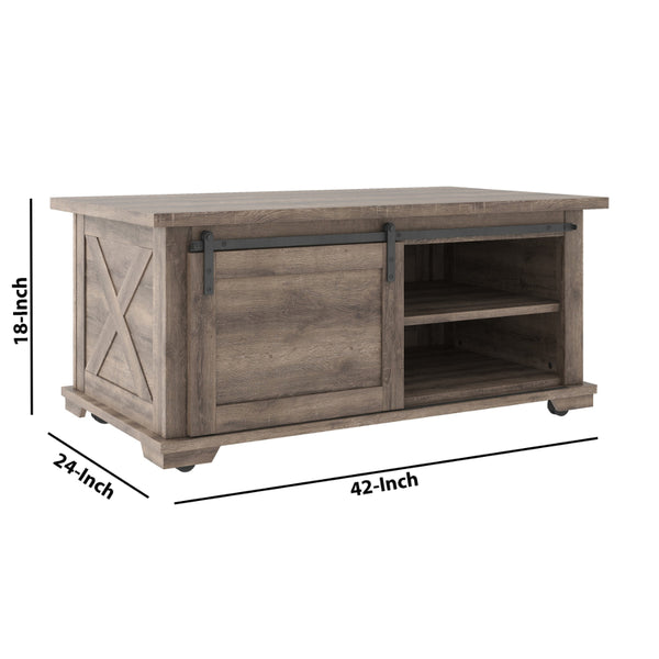 Panel Design Wooden Cocktail Table with Barn Sliding Door and Casters,Brown - BM226539