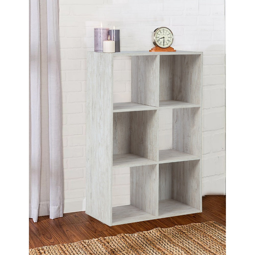6 Cube Wooden Organizer with Grain Details, Washed White - BM227057