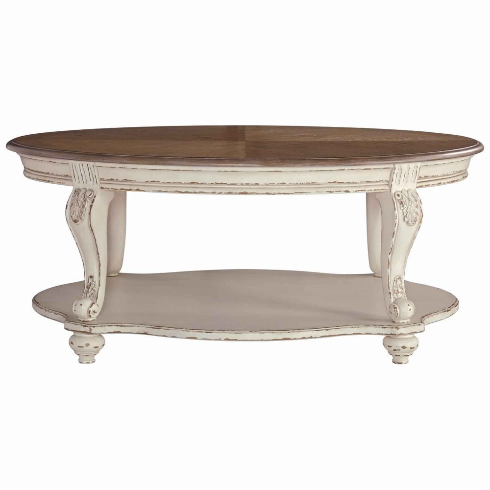 Two Tone Oval Cocktail Table with Bottom Shelf, Antique White and Brown - BM227591
