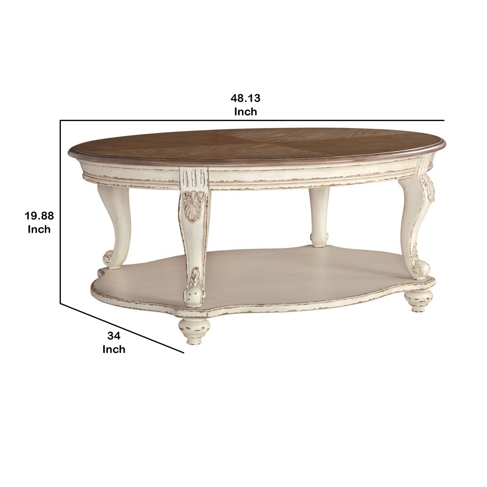 Two Tone Oval Cocktail Table with Bottom Shelf, Antique White and Brown - BM227591
