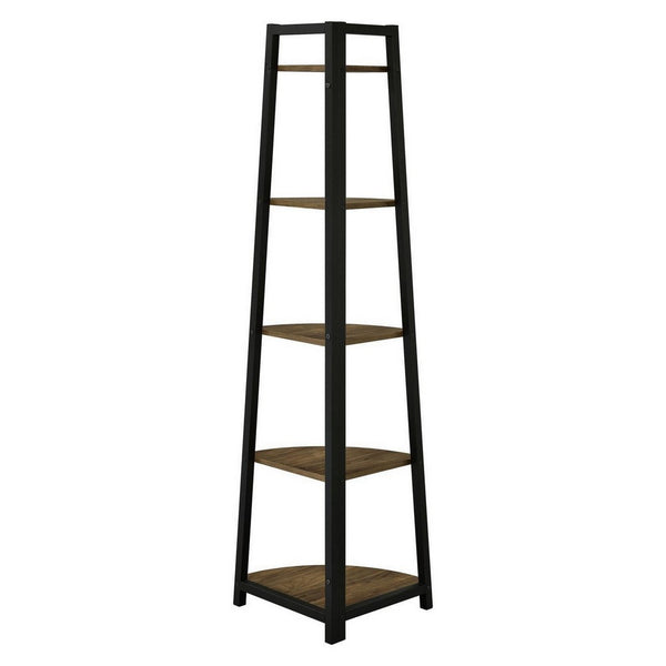 5 Tier Wooden Corner Bookcase with Metal Frame, Brown and Black - BM229655