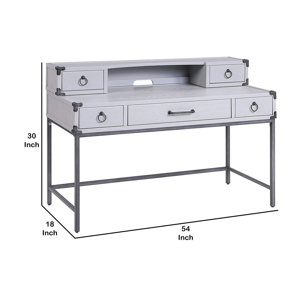 5 Drawer Wooden Desk and Hutch with Ring Pulls, Gray - BM230138