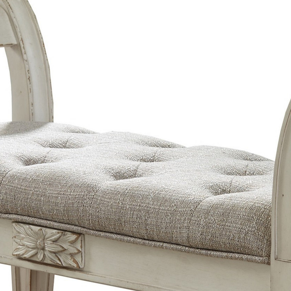46 Inches Tufted Fabric Padded Wooden Accent Bench, Antique White - BM230917
