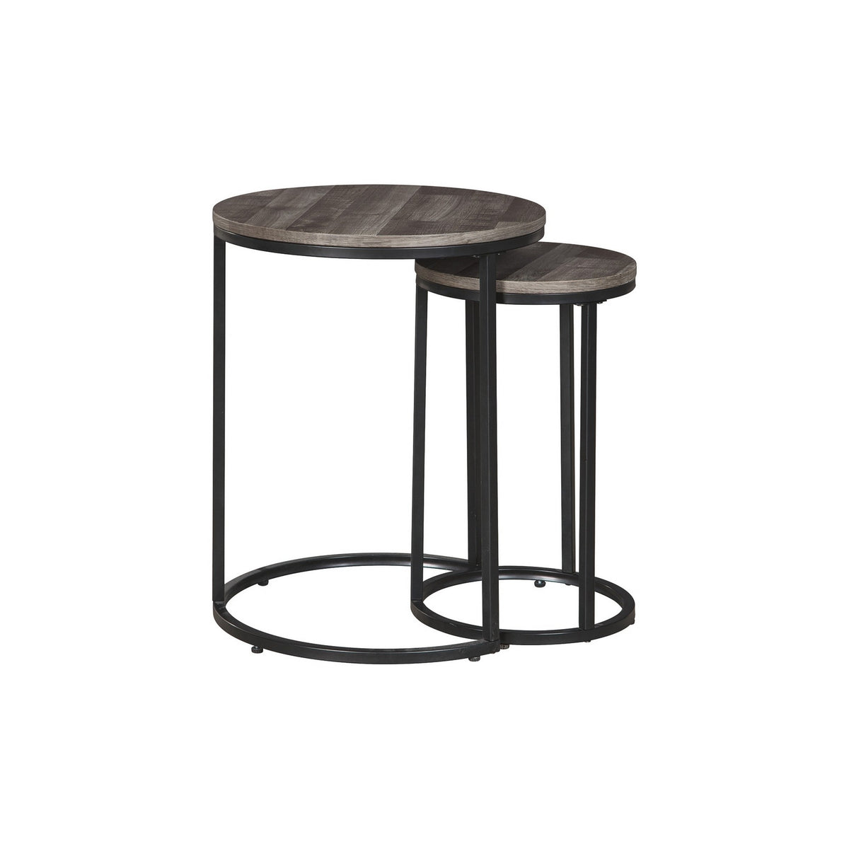 Round Wooden Top Metal Accent Table, Set of 2, Gray and Black - BM230944