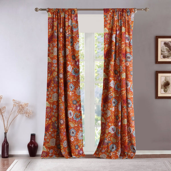 Paris 4 Piece Floral Print Fabric Curtain Panel with Ties, Orange - BM230991