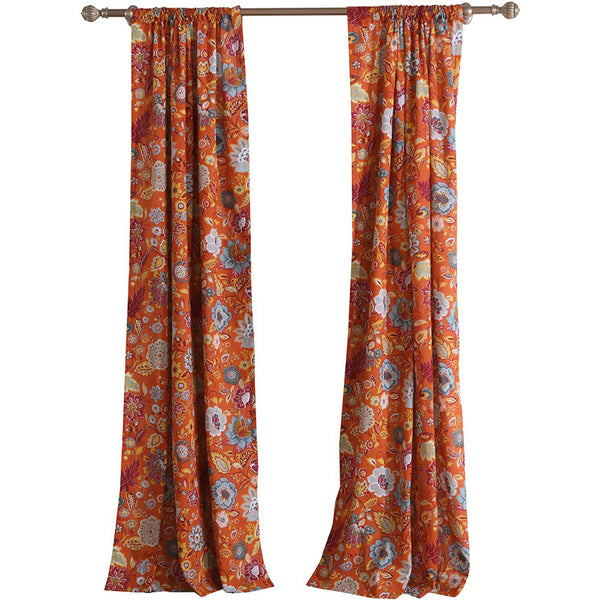 Paris 4 Piece Floral Print Fabric Curtain Panel with Ties, Orange - BM230991