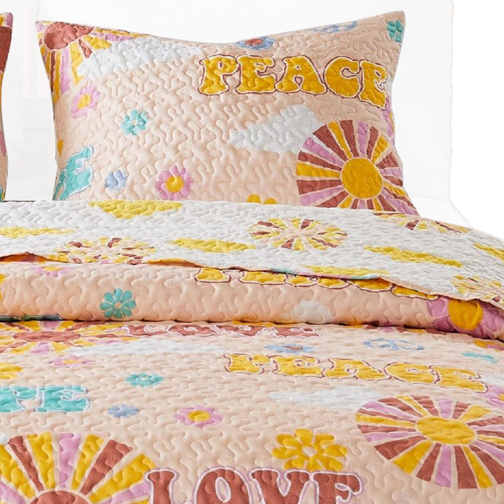 Berlin 3 Piece Microfiber Rainbows and Clouds Print Queen Quilt Set, Beige - BM231034
