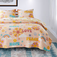 Berlin 3 Piece Microfiber Rainbows and Clouds Print Queen Quilt Set, Beige - BM231034