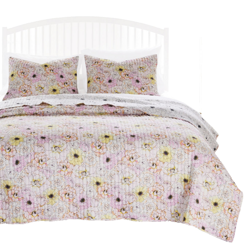 Milan 3 Piece Microfiber Blooming Flower Pattern Queen Quilt Set, White and Pink - BM231048