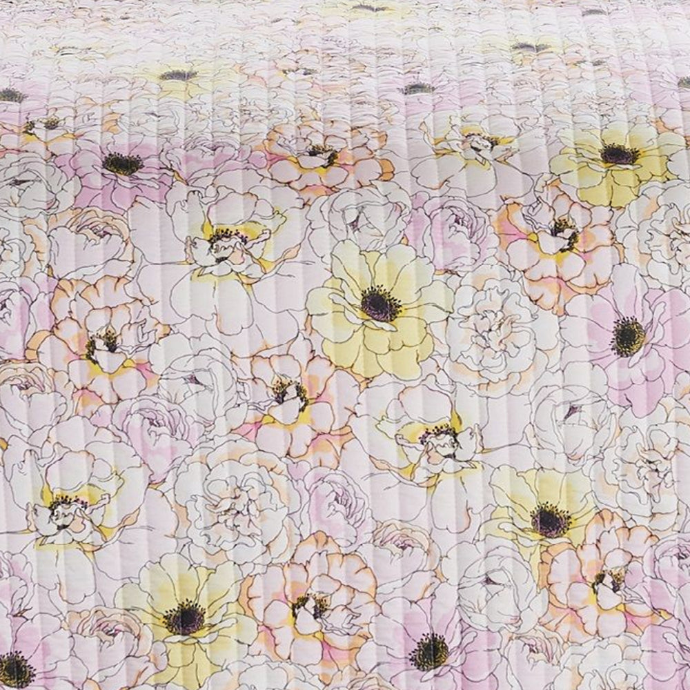 Milan 3 Piece Microfiber Blooming Flower Pattern Queen Quilt Set, White and Pink - BM231048